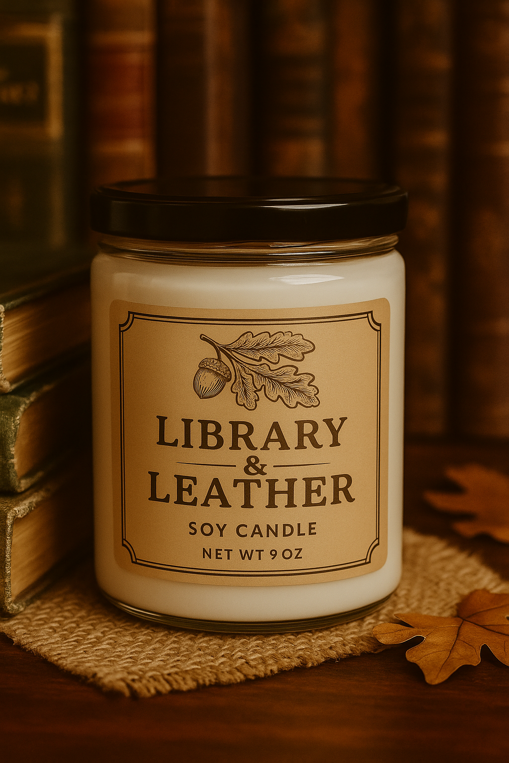 Library & Leather Scented Soy Candle - Eco - Friendly 9oz Jar