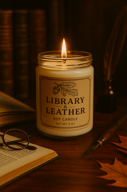 Library & Leather Scented Soy Candle - Eco - Friendly 9oz Jar