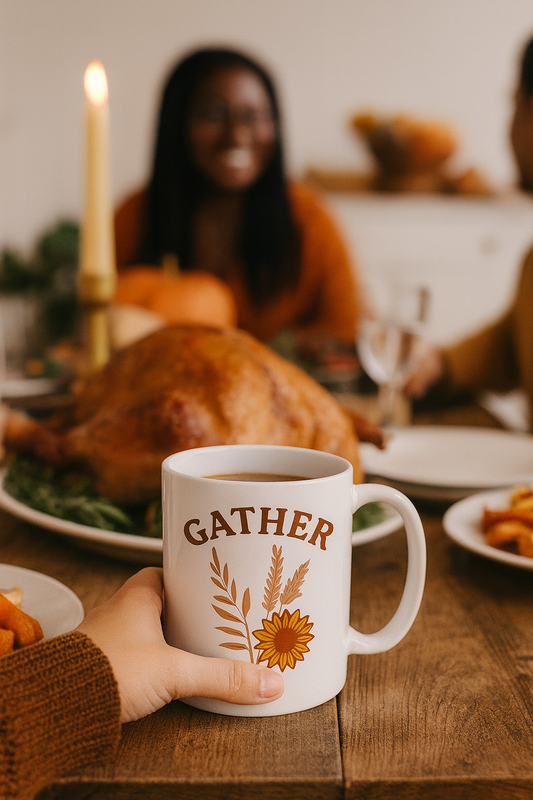 Gather Floral Ceramic Mug - Cozy Coffee Cup for Gatherings, Gift for Friends, Home Decor, Kitchen Essentials, 11oz & 15oz