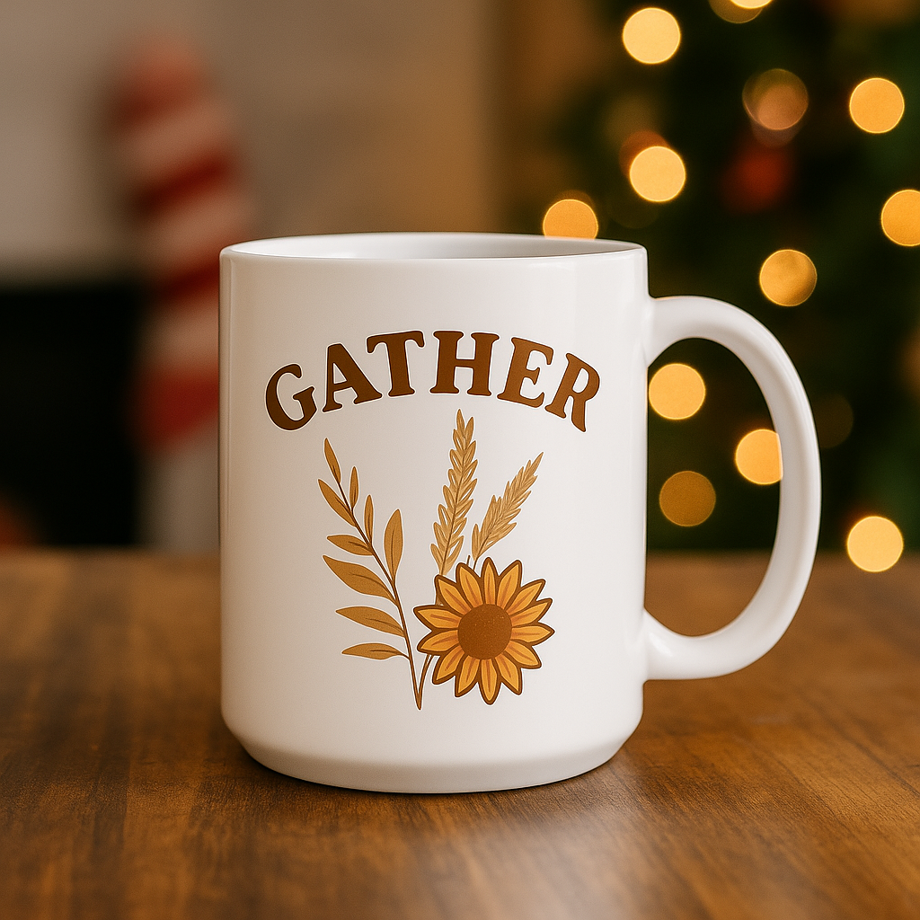 Gather Floral Ceramic Mug - Cozy Coffee Cup for Gatherings, Gift for Friends, Home Decor, Kitchen Essentials, 11oz & 15oz