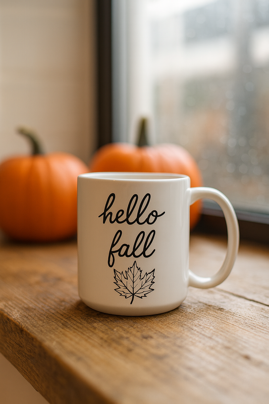Autumn Leaves Ceramic Mug, Hello Fall Coffee Cup, Fall Decor, Seasonal Drinkware, Gift for Coffee Lovers