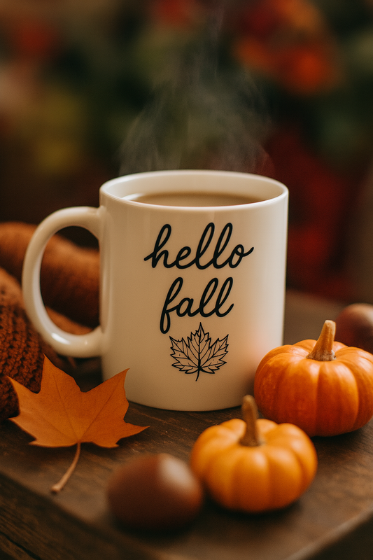 Autumn Leaves Ceramic Mug, Hello Fall Coffee Cup, Fall Decor, Seasonal Drinkware, Gift for Coffee Lovers