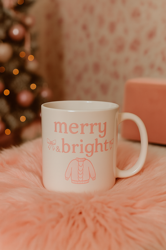 Festive Ceramic Mug - "Merry & Bright" Coffee Cup, Holiday Gift, Winter Decor, Cozy Drinkware, Christmas Celebration